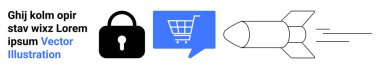 Siyah kilit, sohbet baloncuğu içinde mavi alışveriş arabası ve parlak roket güvenliği, e-ticareti, iletişimi ve hızlı nakliyatı simgeliyor. Dijital ticaret, siber güvenlik ve web sitesi tasarımı için ideal