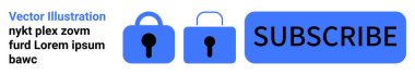 Mavi bir düğmede SUBSCRIBE sözcüğüyle kilitli asma kilit simgeleri ve güvenliği ve kısıtlı erişimi vurgulayan metin örnekleri. Web sitesi güvenliği, üyelik siteleri, veri koruması, e-posta ataması için ideal