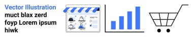 Mavi ve beyaz unsurları olan mağaza önü web sayfası düzeni, artan bar grafiği ve alışveriş arabası simgesi. Çevrimiçi alışveriş, iş büyümesi, satış analizleri, web sitesi tasarımı, pazar araştırması için ideal