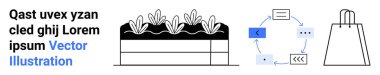Bahçe yatağındaki bitkilerin siyah beyaz çizimi, bir döngü oluşturan oklu bir işlem şeması ve minimalist bir alışveriş çantası taslağı. Çiftçilik, bahçıvanlık, iş akışı, süreçler için ideal