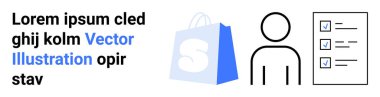 Basitleştirilmiş tasarım mavi bir alışveriş çantası, bir kullanıcı simgesi ve mavi işaretli bir kontrol listesi içerir. E-ticaret, kullanıcı arayüzü tasarımı, çevrimiçi alışveriş, görev yönetimi ve perakende uygulamaları için ideal