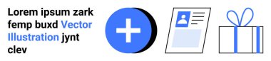 Mavi artı işaret düğmesi, kimlik kartı ve paketlenmiş hediye kutusu. Kullanıcı arayüzü, web tasarımı, çevrimiçi profiller, hediye servisleri, e-ticaret kayıt sayfaları harekete geçmek için ideal. İniş sayfası