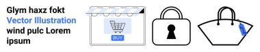 E- ticaret unsurları arasında alışveriş arabası olan bir mağaza önü, güvenli ödemeyi sembolize eden bir kilit ve etiketli bir alışveriş çantası da var. Çevrimiçi alışveriş, güvenlik, perakende satış, dijital işlemler için ideal