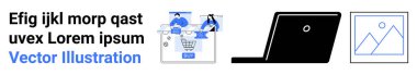 İş ekibi e-ticaret stratejilerini dizüstü bilgisayar ve resimlerle analiz ediyor. Anahtar temalar çevrimiçi alışveriş, takım işbirliği, dijital pazarlama, proje planlaması, yaratıcı içerik, teknoloji kullanımı, görsel