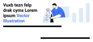 Yanında Lorem ipsum metin ve bar grafiği olan alışveriş poşetleri taşıyan bir adam. E-ticaret, perakende satış, pazarlama, veri analizi, reklamlar, tüketici davranışları promosyonları için idealdir. İniş