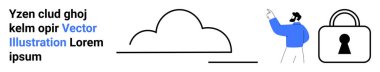 Bulut ve kilit simgesini işaret eden adam, yer tutucu metni ile güvenlik ve veri koruması öneriyor. Bulut depolama, siber güvenlik, veri gizliliği, çevrimiçi güvenlik, güvenli iletişim, şifreli iletişim için ideal