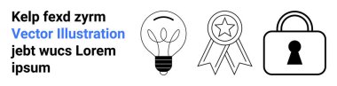 Yeniliği temsil eden ampul, başarıyı simgeleyen ödül kurdelesi ve güvenliği simgeleyen asma kilit. Teknoloji, iş başarısı, kişisel büyüme, güvenlik, yaratıcılık, tanınma için ideal