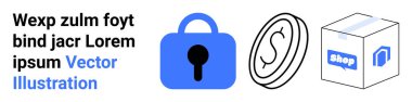 Lock icon, dollar symbol, and parcel with shop label emphasize secure online transactions, e-commerce, and payment gateways. Ideal for e-commerce, finance apps, secure transactions, cybersecurity clipart