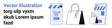 Dükkanları olan iki mobil cihaz, alışveriş arabası, satın alma düğmesi, etiketli büyük ve küçük alışveriş çantaları. E-ticaret, çevrimiçi perakende, mobil uygulamalar, alışveriş, dijital pazarlama, web tasarımı için ideal