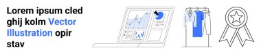 Çizelgeleri ve grafikleri gösteren dizüstü bilgisayar, etiketli giyim rafı ve ödül kurdelesi. E-ticaret, perakende analitik, veri görselleştirme, iş başarısı, ürün kalitesi, çevrimiçi alışveriş için ideal