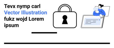 Güvenliği temsil eden simgeyi kilitle, mavi inceleme tabletindeki kişi, metin ögeleri. Siber güvenlik, veri koruması, gizlilik politikaları, güvenli işlemler, teknoloji farkındalığı, dijital