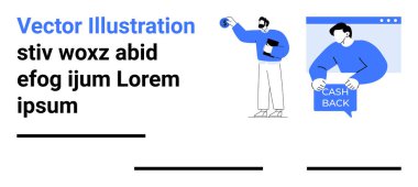 Metin bloklarıyla meşgul olan iş karakterleri ve para karşılığı konuşma balonu. Pazarlama, promosyonlar, iş sunumları, finans hizmetleri, müşteri ilişkileri, reklam kampanyaları için ideal