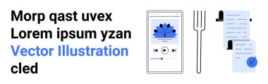 Smartphone screen with app, fork, documents with checkmarks. Ideal for food service, app UI, to-do lists, task management, productivity tools, online orders, restaurant operations. Landing page clipart