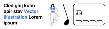 Yoga pozu veren bir kadın, büyük bir ödeme kartı ve siyah-mavi renkli bir yer tutucu metni. Refah, finans, minimalizm, tasarım, reklam markalaşma yaratıcılığı için idealdir. İniş