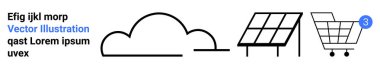 Bulut, güneş paneli ve mini siyah-beyaz tasarım bildiri ikonu olan alışveriş arabası. Teknoloji, çevre, e-ticaret, sürdürülebilirlik, yenilenebilir enerji, çevrimiçi alışveriş için ideal