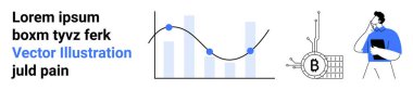 Bitcoin ağının yanında akıllı telefonu olan adam, bar grafiği, çizgi çizelgesi. Fintech, veri analizleri, sunumlar, kripto para birimi, engelleme zinciri, teknolojik girişimler, finansal raporlar için ideal. İniş sayfası