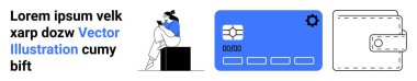 Telefon kullanan şık bir kadın, vites simgesi ve cüzdan ikonu olan mavi bir banka kartı. Finansal hizmetler için ideal, online bankacılık, dijital cüzdanlar, fintech, e-ticaret mobil uygulamaları kullanıcı arayüzleri. İniş