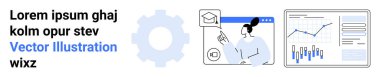 Gear, ekranı gösteren öğretmenli online eğitim sembolü ve veri analiz grafiği. Çevrimiçi öğrenme, e-öğrenme, eğitim, veri analizi, webinarlar, sunumlar, sanal sınıflar için ideal