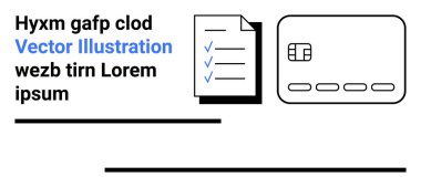 Kontrol işaretleri ve çiple etkinleştirilmiş kredi kartı vurgulama organizasyonu ve işlem temaları içeren belge. Finans, üretkenlik, planlama, yapılacaklar listesi, dijital ödemeler, iş stratejisi için ideal