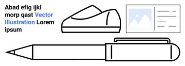 Kalem, ataç, sahte alfabe harfleri ve maket resim içeren yer tutucu metin. Eğitim materyalleri, sunumlar, profesyonel belgeler, minimal tasarımlar, ofis malzemeleri için ideal