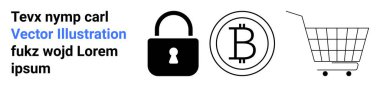 Asma kilit, Bitcoin sembolü ve alışveriş arabası ikonu tasvir edilmiş. Çevrimiçi güvenlik için ideal, kripto para işlemleri, gizlilik koruması, e-ticaret, dijital cüzdanlar. İniş sayfası için pankart