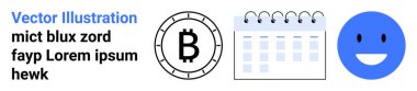 Çemberin içinde Bitcoin sembolü, spiral kaplı bir takvim ve siyah metnin yanında mavi mutlu bir yüz. Teknoloji, kripto para birimi, finans, planlama, organizasyon, zamanlama, mutluluk için ideal