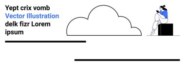 Bir blokta oturmuş kitap okuyan bir kadın, yanında siyah metin ve bulut taslağı var. Eğitim, çevrimiçi öğrenme, bulut teknolojisi, okuma, düşünme, rahatlama ve pazarlama için ideal