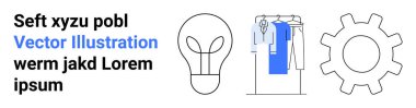 Ampul simgesi, elbise askısı, asılı giysiler ve yer tutucu metnin yanında vites kutusu. Yaratıcı tasarım, yenilik, moda, mühendislik, teknoloji ve beyin fırtınası için ideal