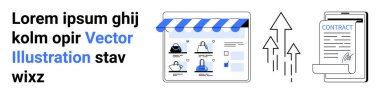 Ürünleri gösteren web sitesi, büyümeyi simgeleyen yukarı doğru oklar, sözleşmeli belge. Ecommerce, iş büyümesi, dijital sözleşmeler, çevrimiçi perakende, satış analizleri, pazar eğilimleri için ideal