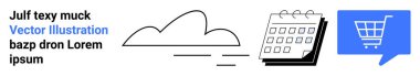 Bulut çizgisi, takvim, mavi arka planda konuşma balonunda alışveriş arabası. E-ticaret için ideal, çevrimiçi programlama, planlama, bulut depolama, alışveriş, iletişim. İniş sayfası