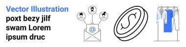 Kullanıcı avatarlarına, para birimine ve asılı kıyafetlere sahip e-posta simgesi iletişim, finans ve alışverişi temsil ediyor. İş, pazarlama, finans, iletişim perakende ticaret ekonomisi için ideal