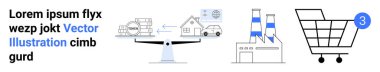 Metin bloğu, ev ve fabrikayla denge terazisi endüstriyel fabrika, bilgilendirme rozetli alışveriş arabası. İş analitiği, finans, sanayi, e-ticaret, ekonomi, enerji üretimi için ideal