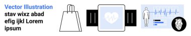 Beyaz alışveriş çantası, kalp atış hızı gösteren akıllı seğirme, insan figürlü ve kalp ikonlu tıbbi analiz çizelgesi. Sağlık teknolojisi, fitness, yaşam tarzı, e-ticaret, tıbbi araştırma, veri