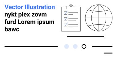 Kontrol listesi, dünya ve minimalist çizgileri olan bir pano. Küresel iş, planlama, teknoloji, organizasyon, basitlik, dijital pazarlama, proje yönetimi için idealdir. İniş sayfası