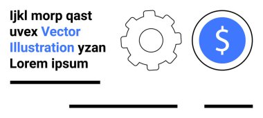 Dolar işaretli mavi madeni para sembolünün bitişiğindeki vites simgesi. Yer tutucu metin ve satırları içerir. Pazarlama, finans, teknoloji, iş sunumları, bilgi grafikleri, ders kitapları, e-öğrenim için ideal