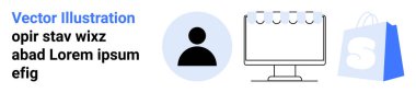 Siyah kullanıcı profili simgesi, gri takvim simgesi, S ile mavi çanta, siyah ile yer tutucu metin. Kullanıcı arayüzü tasarımı için ideal online alışveriş uygulamaları kişisel profiller iş temaları. İniş