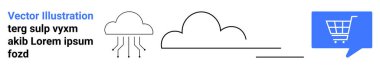 Bulutlar, yağmur, taslak ve dolgun stiller, konuşma balonunda mavi alışveriş arabası. Havayla ilgili içerik, e-ticaret, iniş sayfaları, temiz tasarım, kullanıcı arayüzü, vektör grafik kullanımı için ideal. Mükemmel.