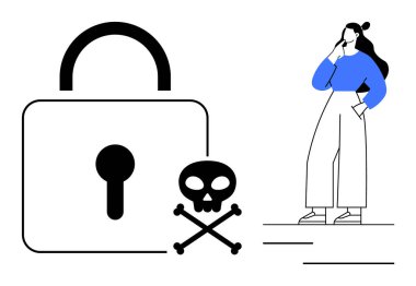 Devasa asma kilit, kafatası ve çapraz kemikler risk ve güvenlik endişelerini akla getiriyor. Siber güvenlik, veri koruması, ihtiyat, karar verme, farkındalık, tehdit yönetimi için ideal