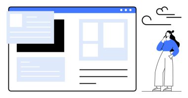 Birden fazla içerik kutusuna sahip büyük bir web tarayıcı penceresi, yüzen bir ekran, düşünceli bir kişi simgesi. Web tasarımı, geliştirme, UXUI, çevrimiçi öğrenme, beyin fırtınası, dijital içerik yaratıcı