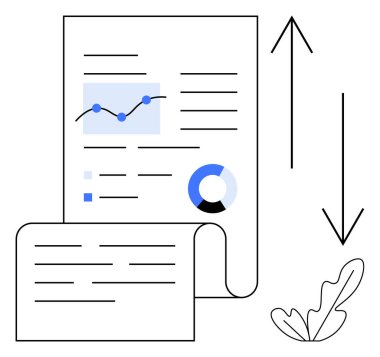 Satır grafiği, pasta grafiği, metin blokları, yukarı ve aşağı ok ve bir yaprak içeren iş raporu belgesi. Veri analizi, mali raporlar, iş büyümesi, verimlilik pazarı için ideal