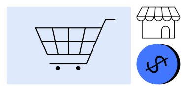 Tekerlekli alışveriş arabası, tenteli küçük mağaza önü ve daireler çizen para birimi tabelası. E-ticaret, perakende satış, çıkış, çevrimiçi alışveriş, satın alma süreci, satış işlemleri için ideal