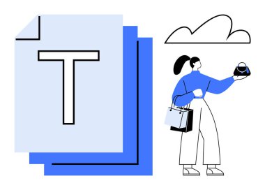 Alışveriş poşetleri ve kahve taşıyan kadın büyük kağıt ikonun yanında, bulutların üstünde. Tüketim, alışveriş, dijital belgeler, zaman yönetimi, denge, yaşam tarzı modern hayat için idealdir. Basit.