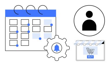 Mavi işaretli takvim, kullanıcı profili simgesi, uyarı zilli dişli dişli ve çevrimiçi alışveriş arabası. Zaman yönetimi, kullanıcı etkileşimi, otomasyon, çevrimiçi alışveriş, iş akışının zamanlaması için ideal