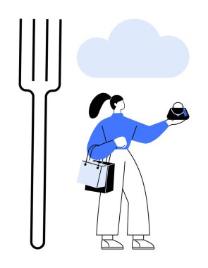 Mavili kadın küçük bir çanta tutuyor, alışveriş torbaları taşıyor, sola doğru dev bir çatal taşıyor, bulutların üstünde. Tüketim, alışveriş, denge, tercihler, yaşam tarzı sürdürülebilirliği için idealdir.