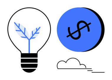 İçinde bitki olan ampul, mavi dolar sembolü bozuk para, minimalist bulut. Yeşil enerji, sürdürülebilirlik, finansal büyüme, ekoloji, çevre yeniliği çevre dostu kavramlar için idealdir. Soyut