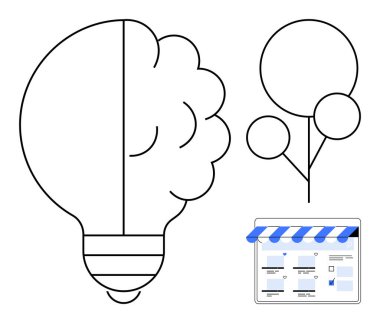 Ampul yarı beyin, minimalist ağaç ve dükkan ikonu. Yenilik, yaratıcılık, fikirler, zeka, verimlilik iş büyümesi ve kavramsal sanat için idealdir. Soyut çizgi düz metafor
