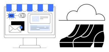 Bilgisayar ekranında dijital mağaza önü, pazarlama araçları, bulut depolama grafiği ve ürün ayakkabıları görüntüleme. Çevrimiçi alışveriş, dijital pazarlama, e-ticaret, bulut hizmetleri, ürün yönetimi için ideal