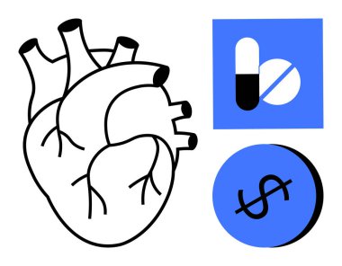 Anatomik kalp çizimi, içinde bir hap ve dolar işareti olan iki daire. Sağlık, sağlık giderleri, mali yük, kardiyovasküler sağlık ve ekonomik etki konuları için ideal