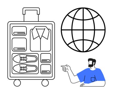 Giysileri ve ayakkabıları olan bavulu, dünyayı gezmeyi simgeleyen seyahati, mavi tişörtlü adamı. Seyahat hazırlığı, tatil, organizasyon, paketleme ipuçları, küresel seyahat ve turizm için ideal