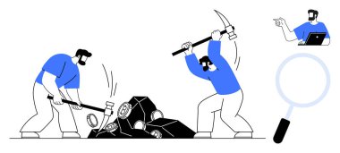 İki kişi veri bloklarını aletlerle kazıyor, üçüncü kişi laptoptaki verileri inceliyor, büyüteç kullanıyor. Takım çalışması, veri analizi, işbirliği, dijital araçlar, araştırma, veri madenciliği sorunu çözme için ideal